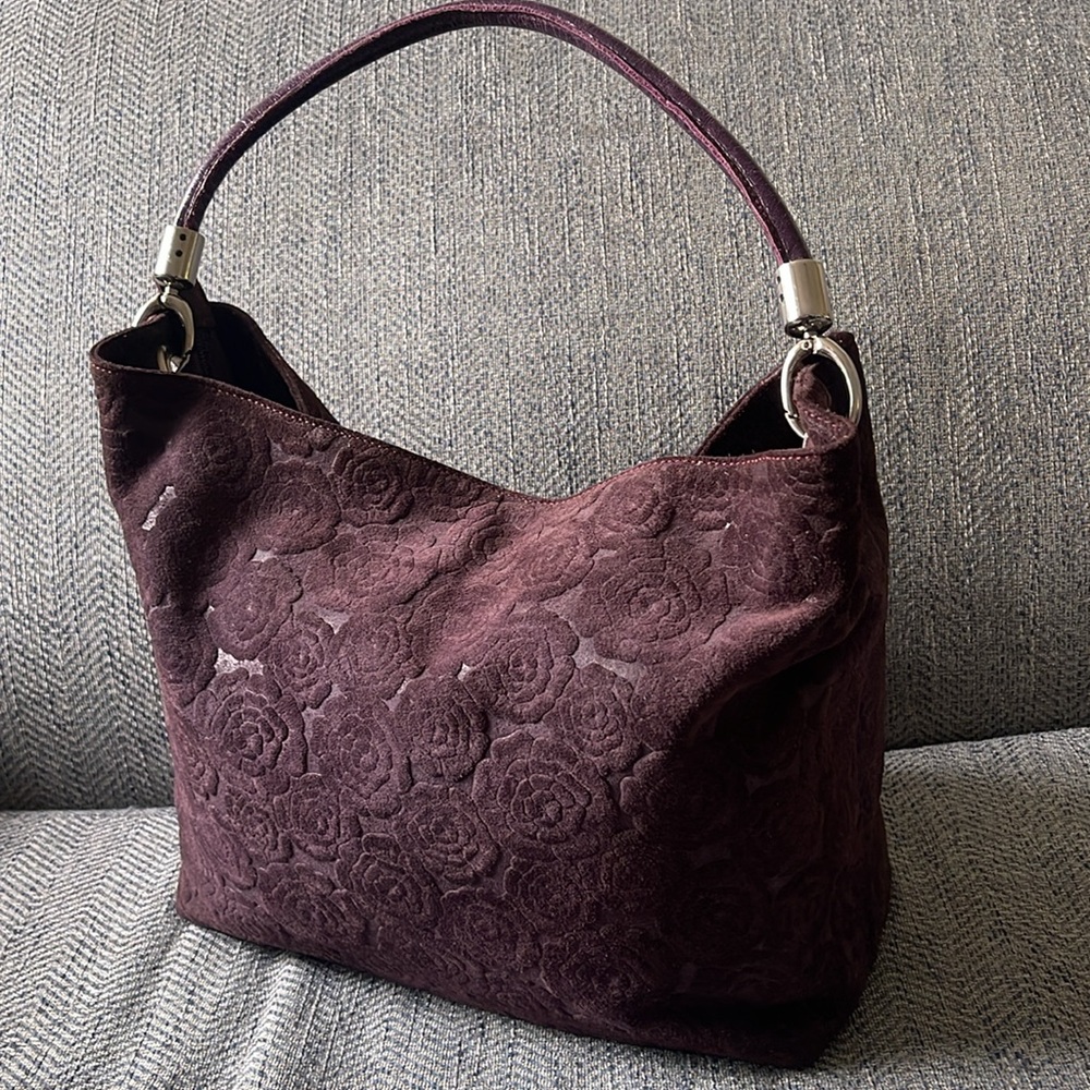 Arcadia Purple leather/suede Floral Embossed Handbag. - Picture 5 of 16